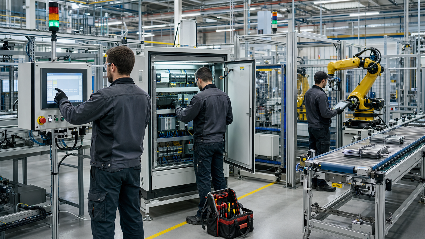 Automation technicians working on a modern factory floor